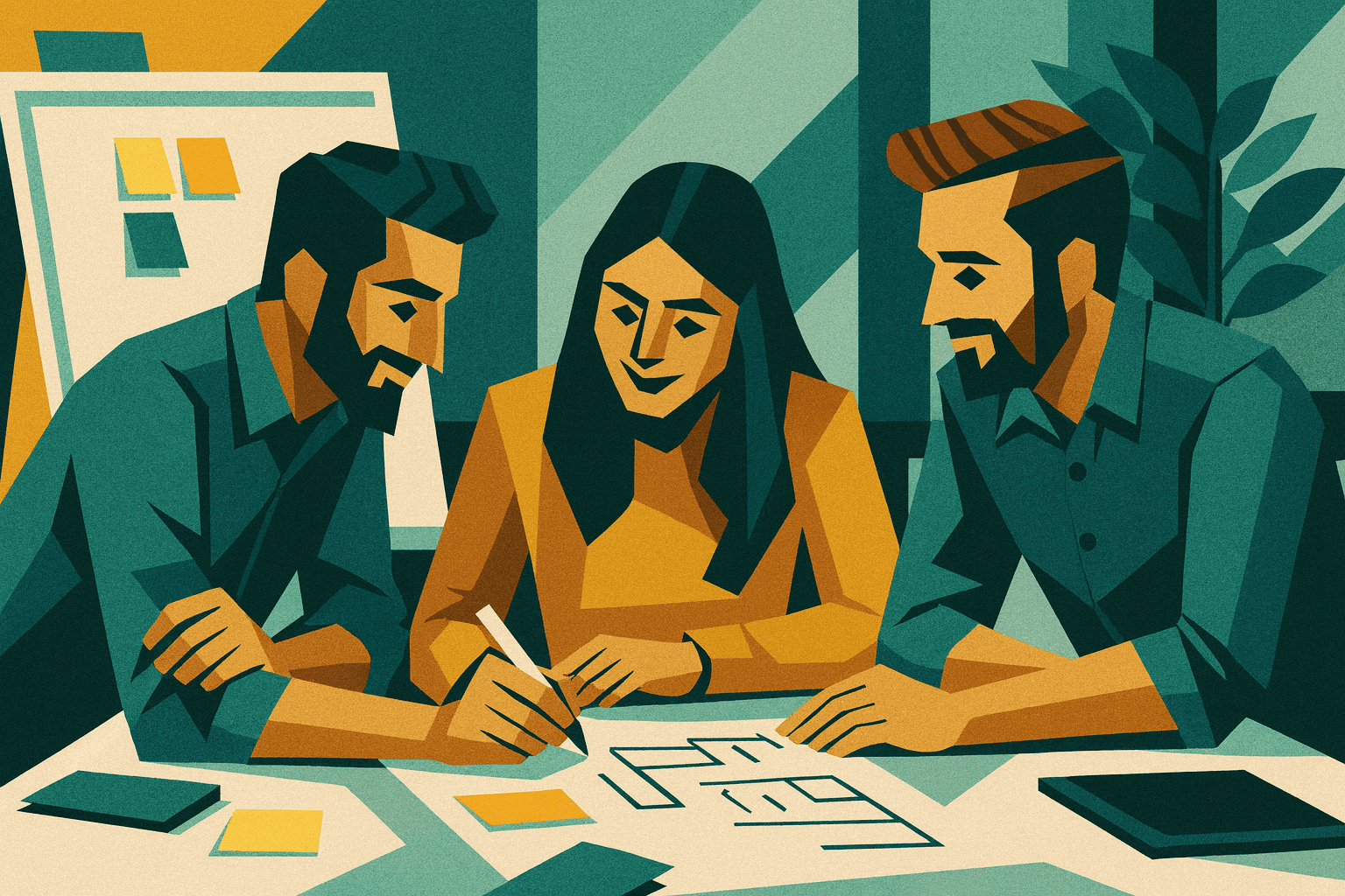 Tre giovani professionisti collaborano attorno a un tavolo con fogli e post-it colorati.