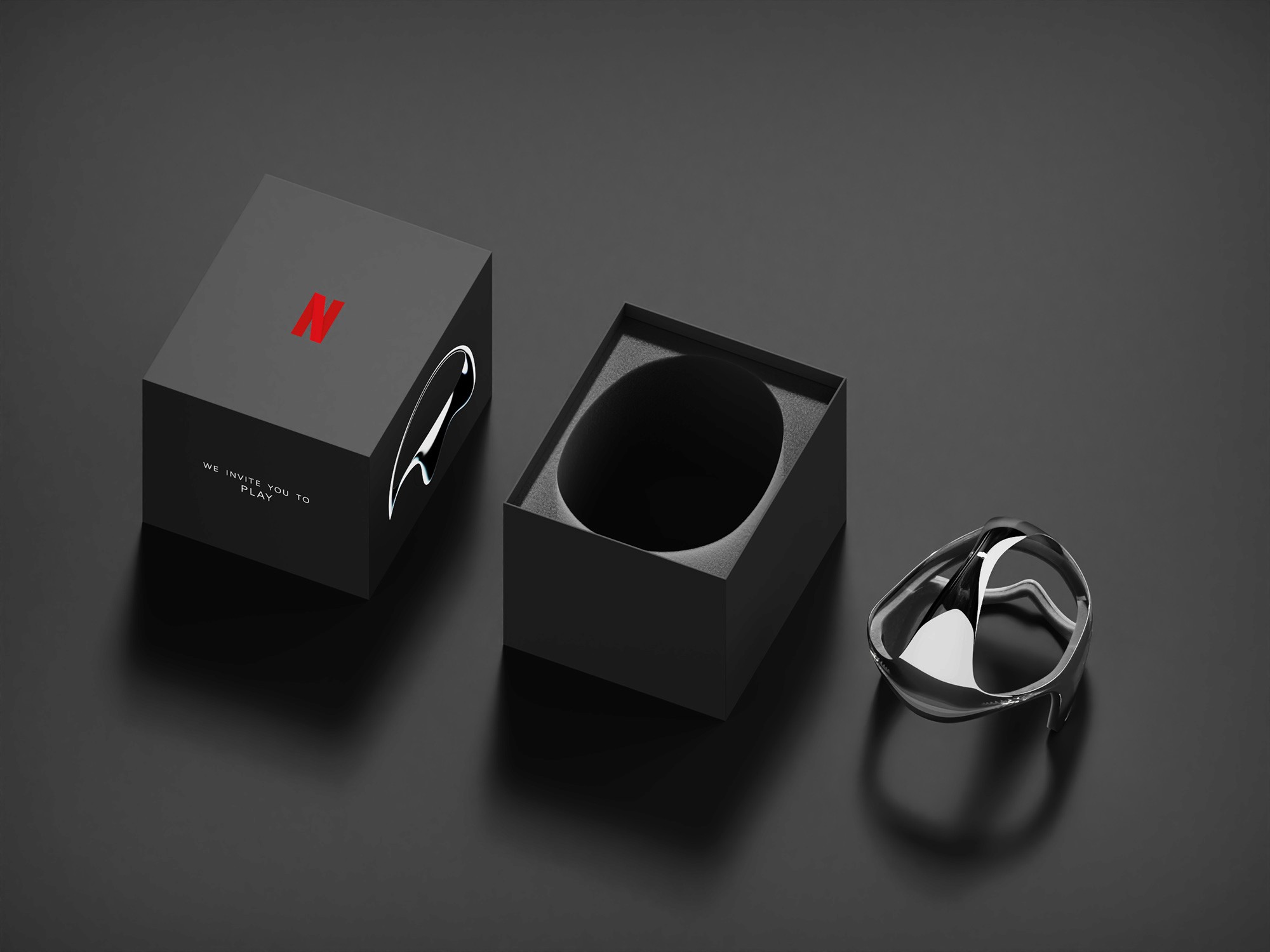 Netflix 3 Body Problem speculative prop packaging — branded black gift box with foam insert and crisis badge headset
