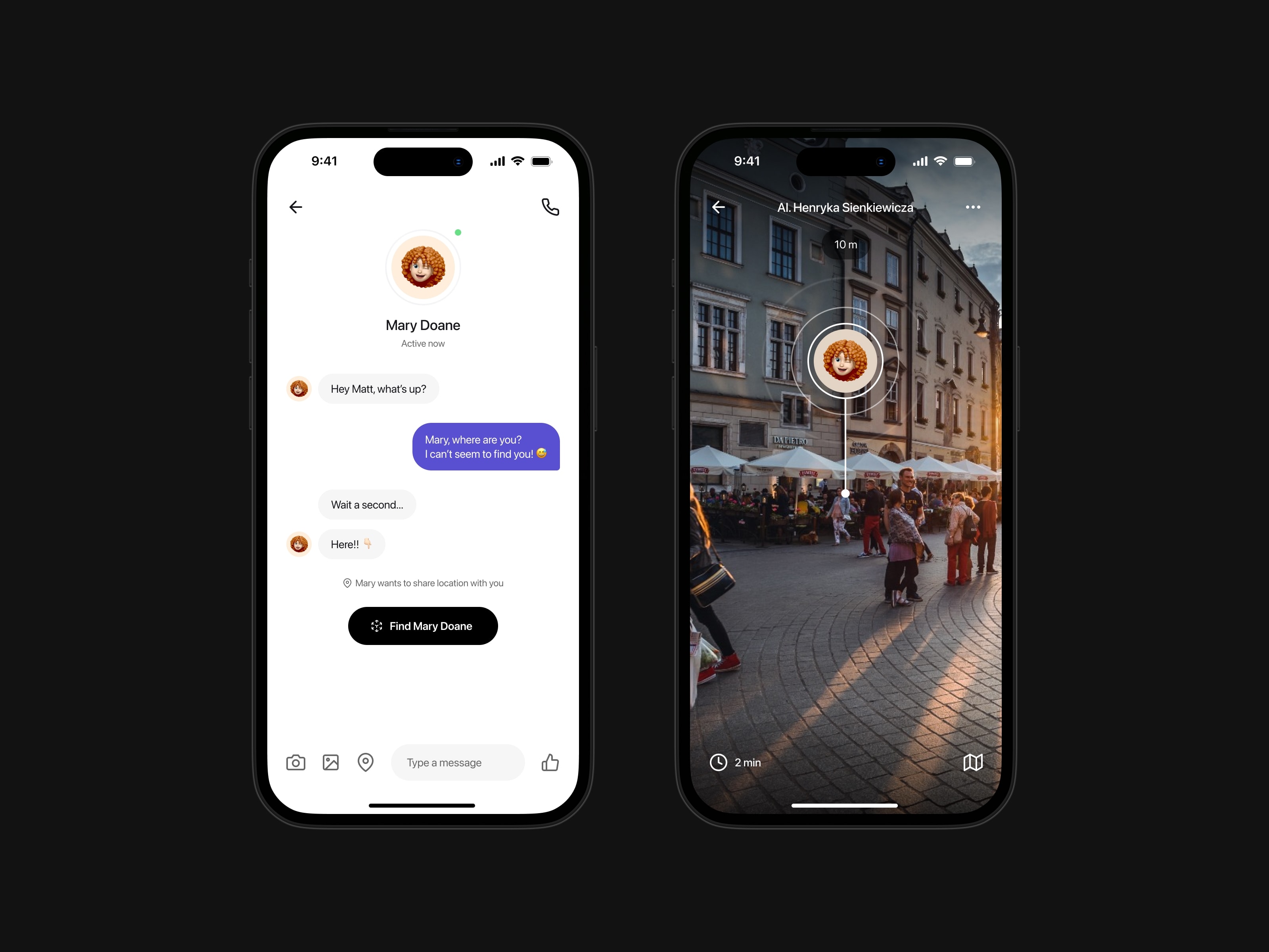Mobile views presenting a chat and a map view