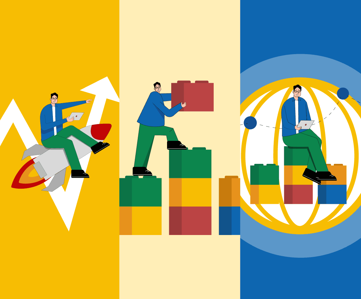 Illustration representing B2B marketing strategies tailored to different company sizes, showing growth, scaling, and enterprise structure.