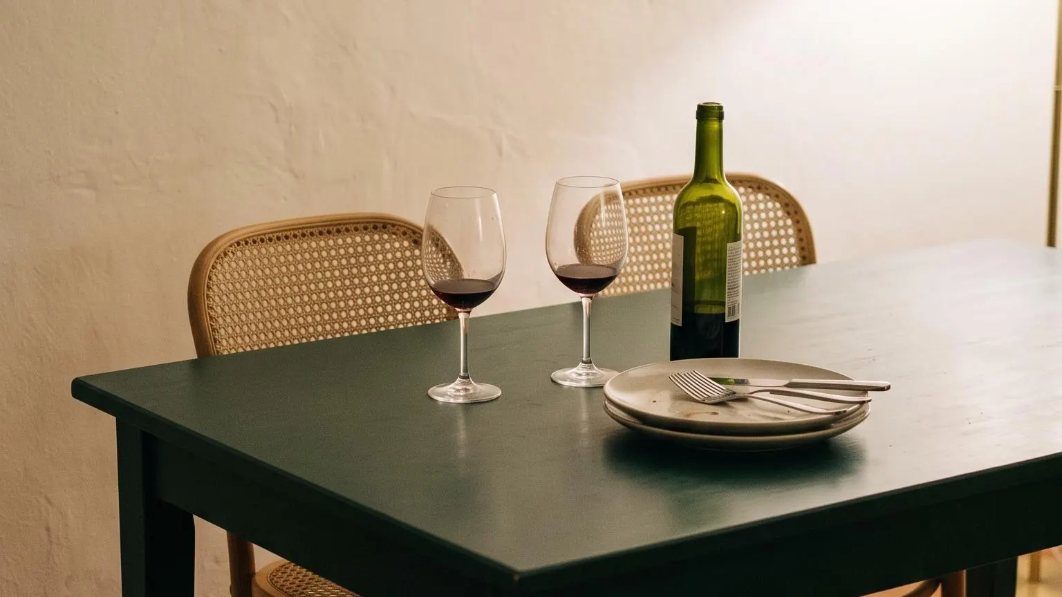 Wine glasses and plates left on a dining table after an evening meal