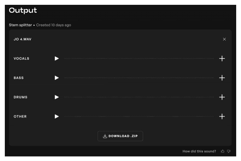 Outputs files from the Kits AI Stem Splitter tool separated into Vocals, Bass, Drums, and Other audio files. 