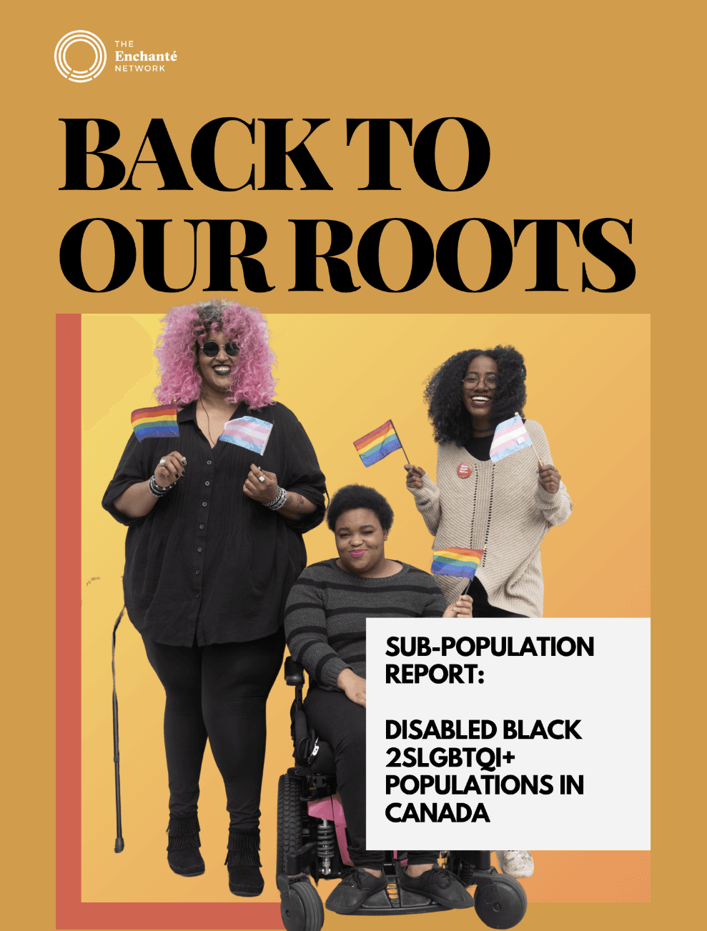 Two women and a child sit together, holding signs against an orange background with the text "Back to Our Roots."