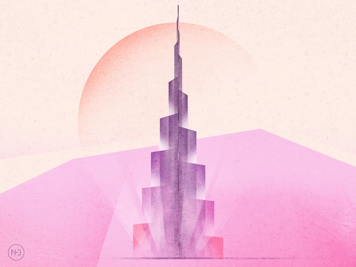 Illustration of Burj Khalifa in pink and purple tones representing Dubai by Mohamad Silwady