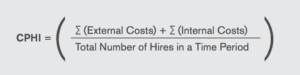 Formula for Cost Per Hire (CPHI), defined as the sum of external and internal costs divided by the total number of hires within a given time period.