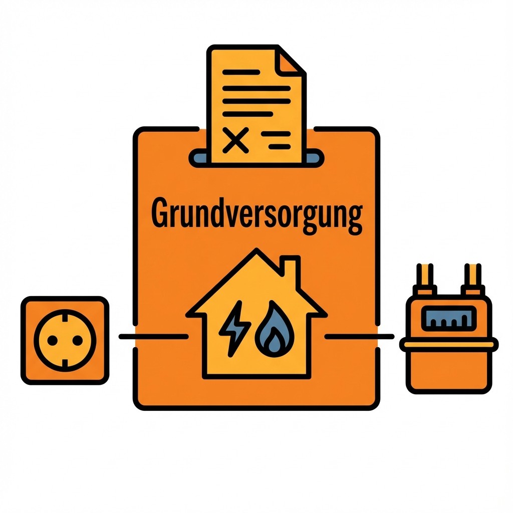 Grafik "Grundversorgung": Klemmbrett mit Haus-Icon, Steckdose und Gaszähler für Strom und Gas.