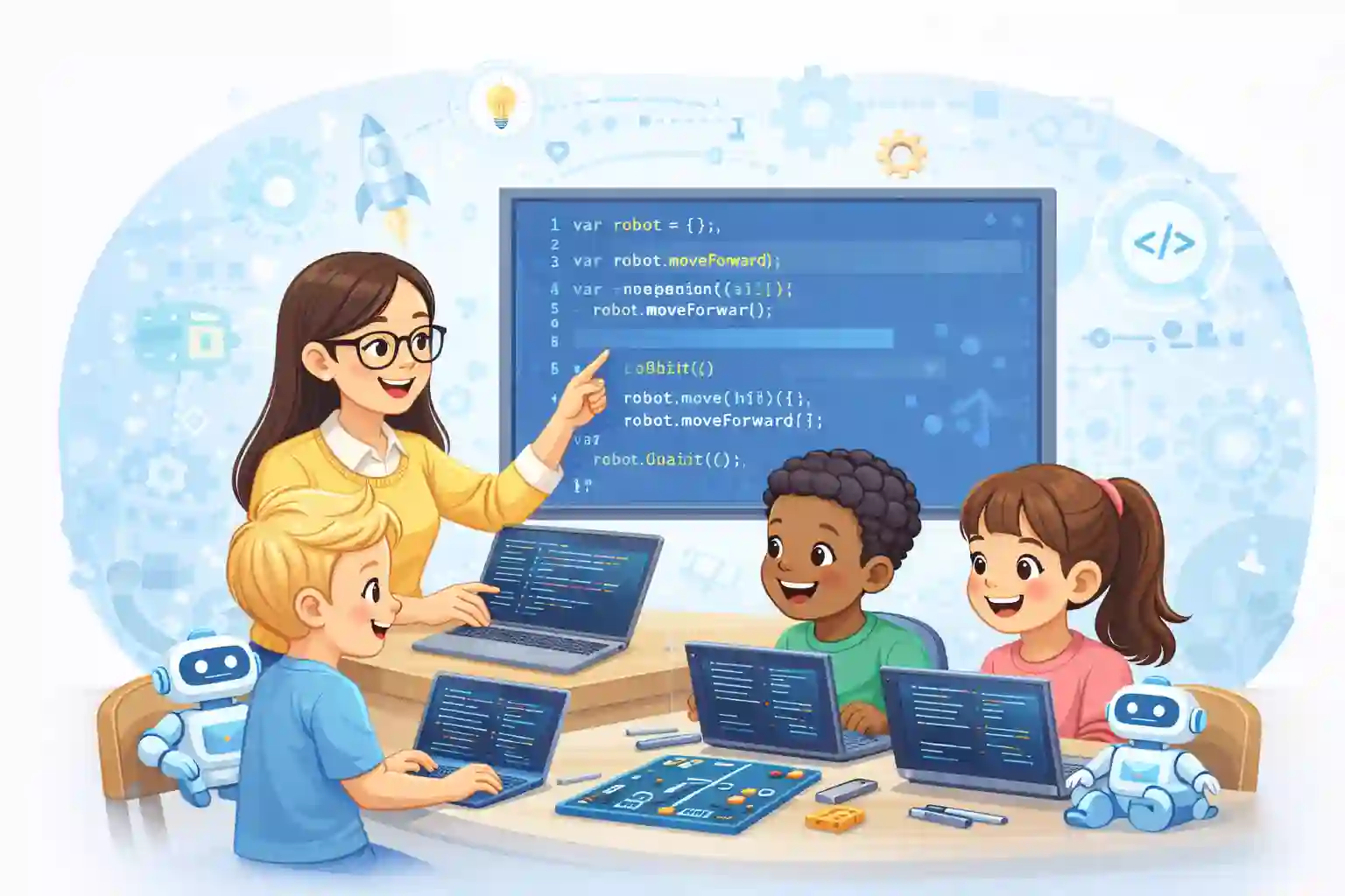 Kids learning programming and robotics in an interactive AI class