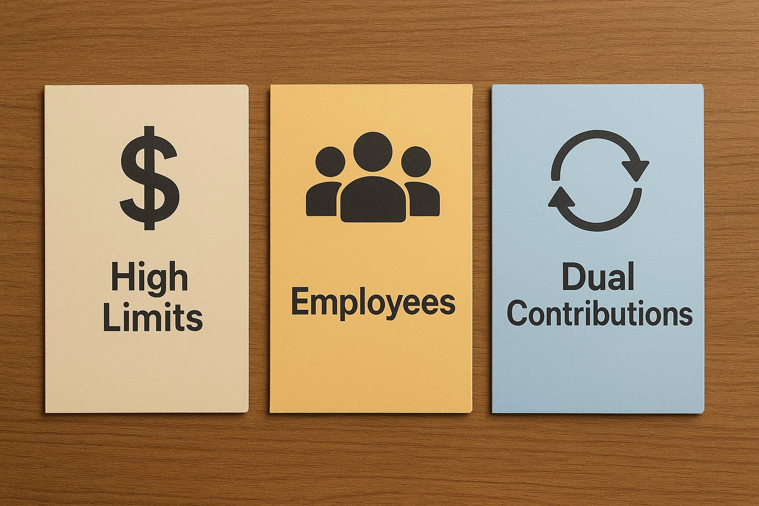 Desk layout with three folders showing high limits, employee icons, and dual contribution symbols. 