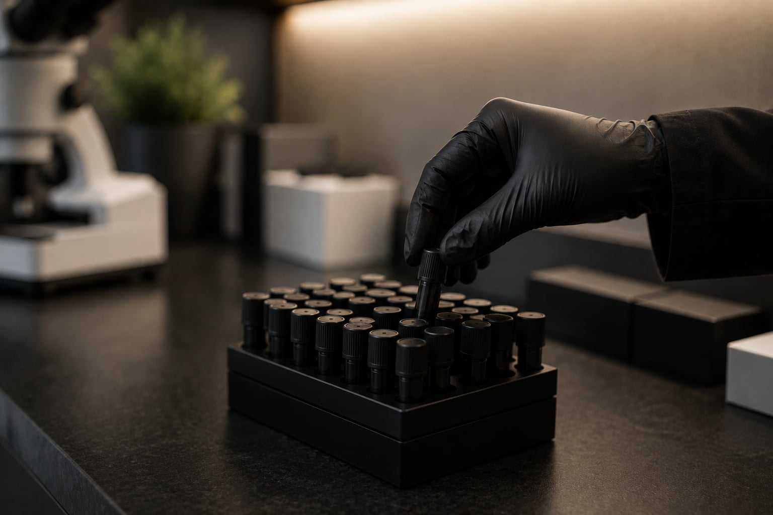 Gloved lab technician organizing sample tubes for diagnostic testing at T Clinics USA.