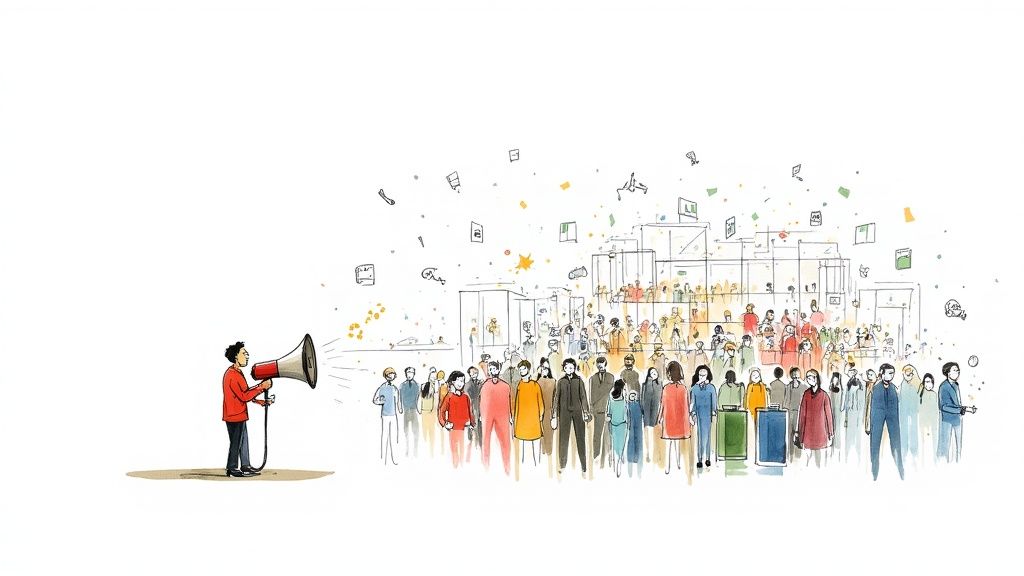 A person holding a megaphone speaks to a diverse crowd, with papers and confetti flying above them.