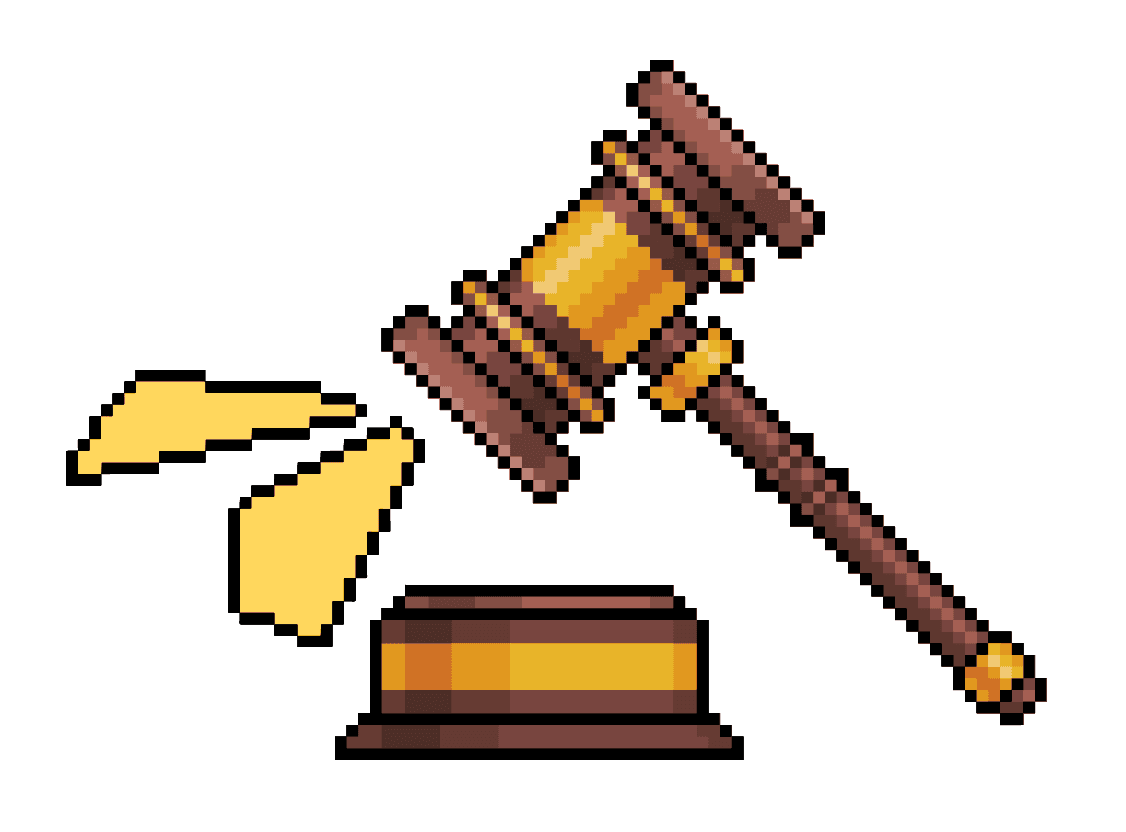 Brown pixel gavel with yellow action lines indicating sound.