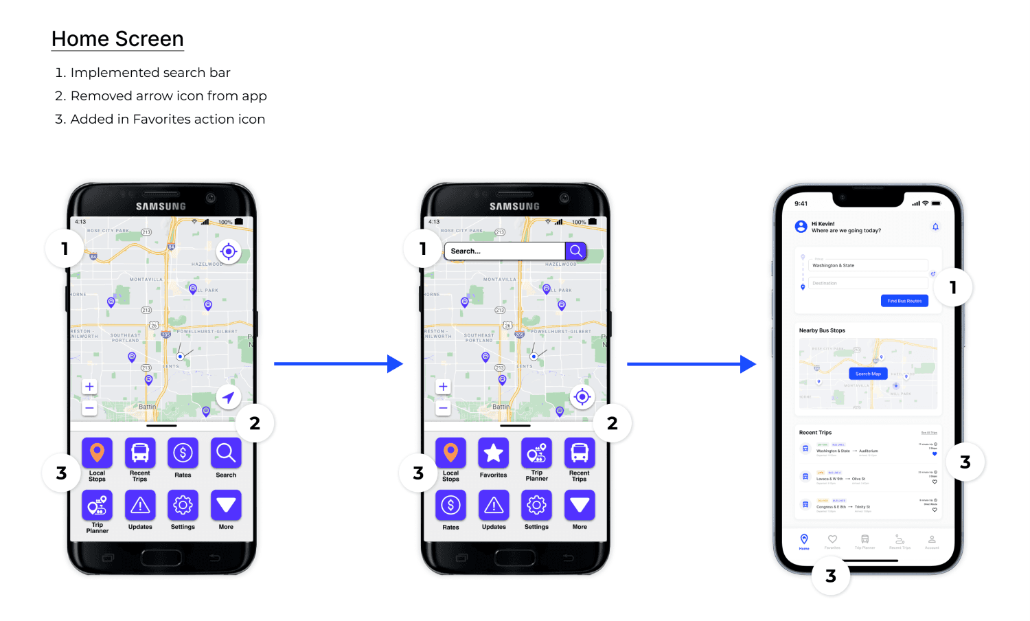 3 screens showing improvements made to a mobile app's design