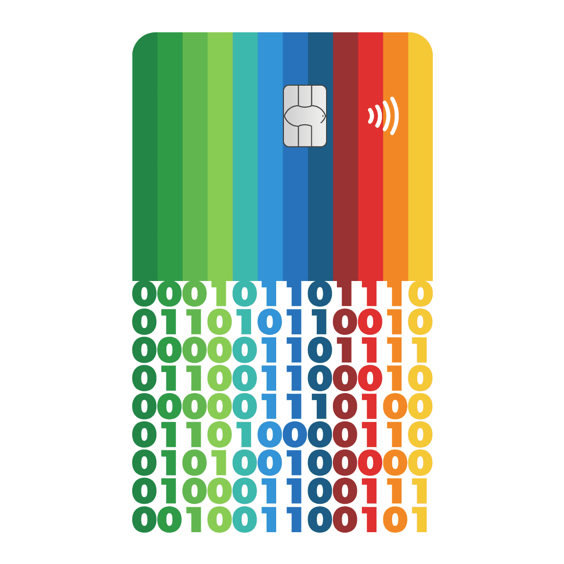 Illustratie van een regenboogkleurige bunq betaalkaart met binaire code (0en en 1en) die vanaf de chip naar beneden stroomt, wat digitale veiligheid en gegevensversleuteling symboliseert.