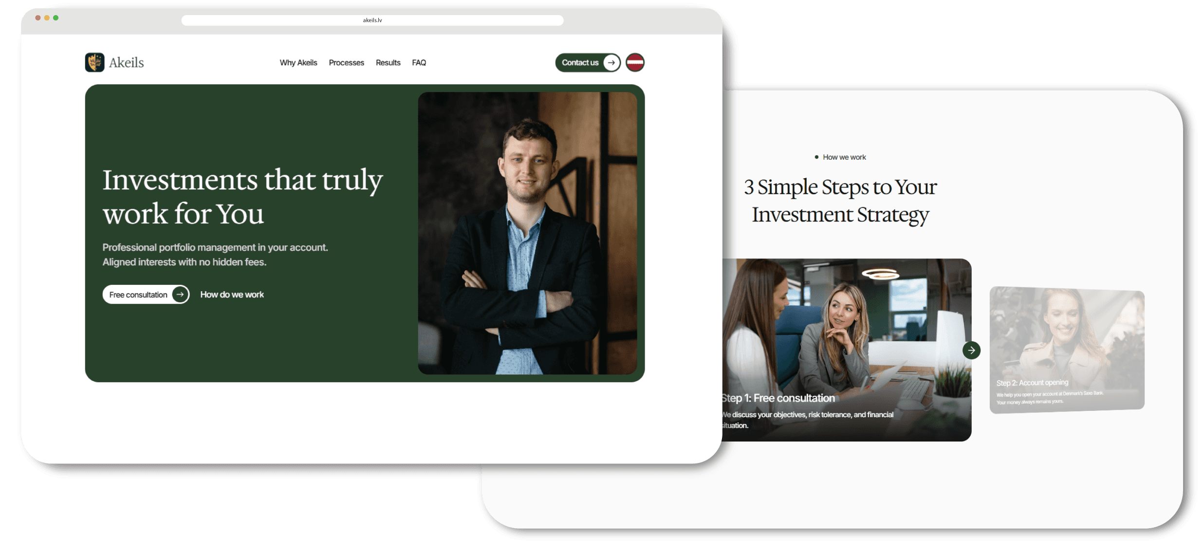 Akeils investment company website desktop view showing homepage with portfolio management services and 3 steps to investment strategy section