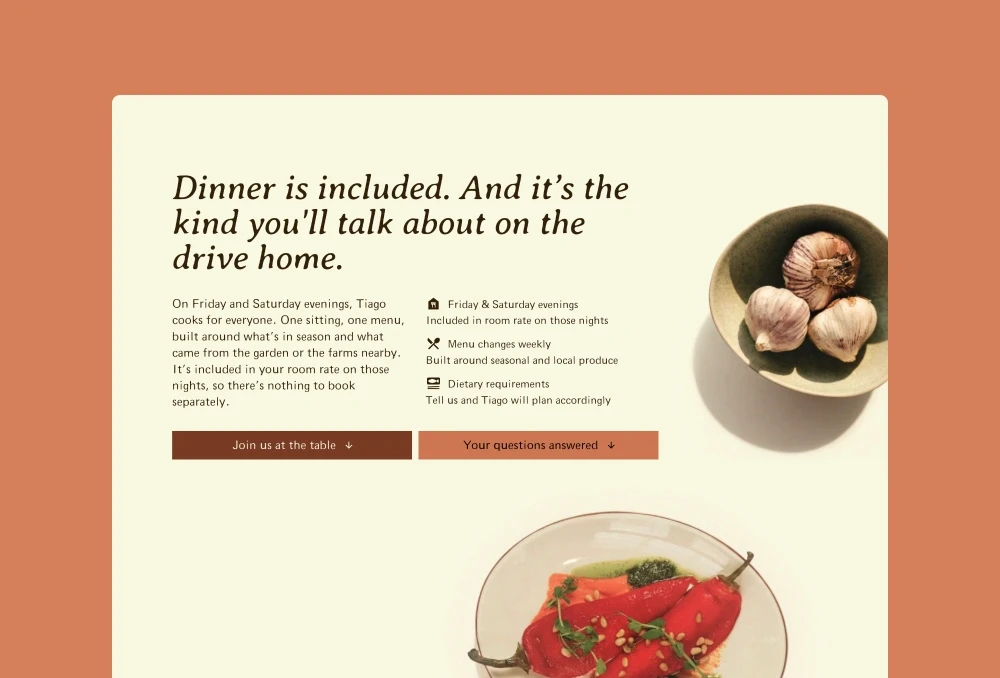 Garlic bulbs and roasted peppers overlapping a cream content section, styled to look like a sunlit table.