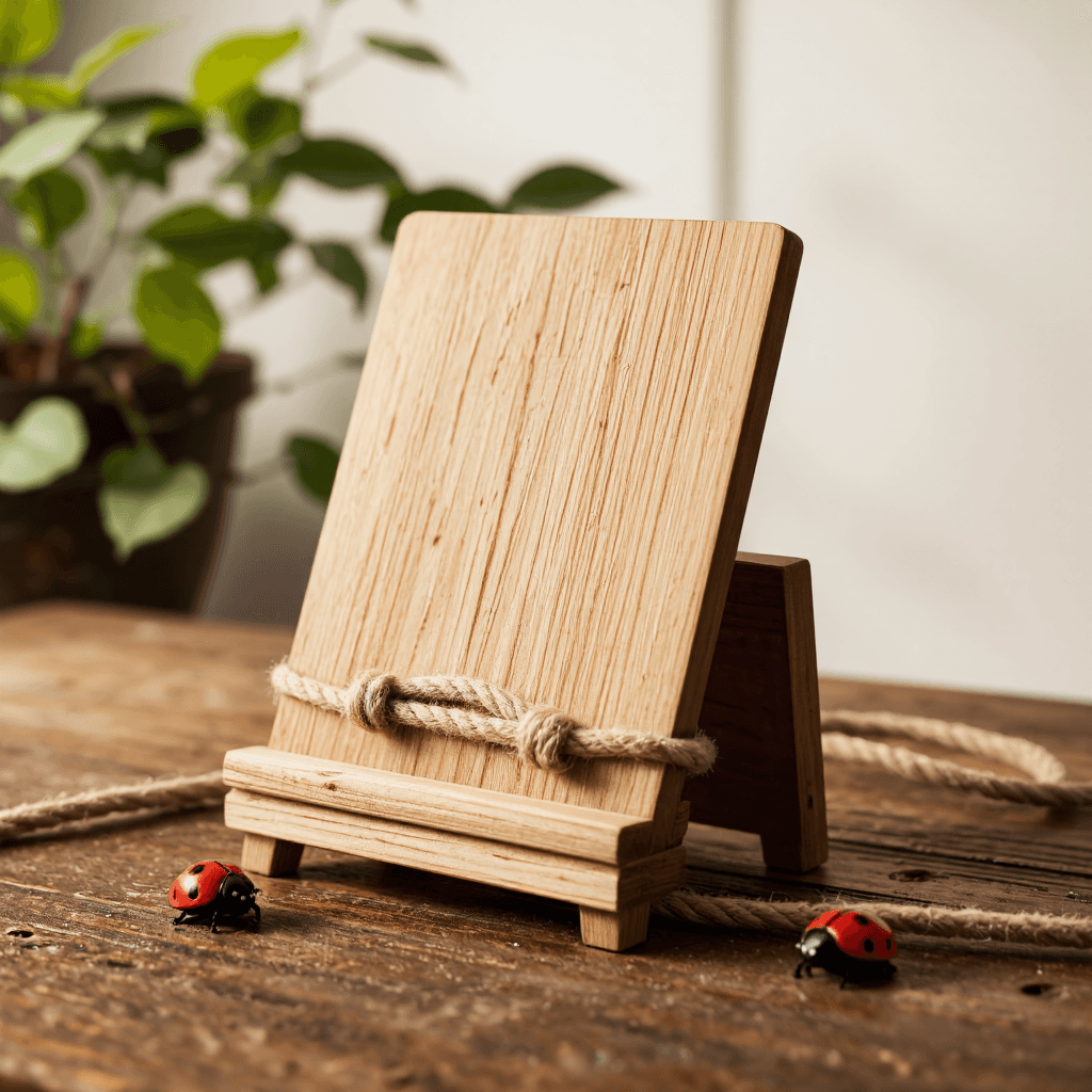 product photography of a wooden display stand with decorative rope and ladybug accents