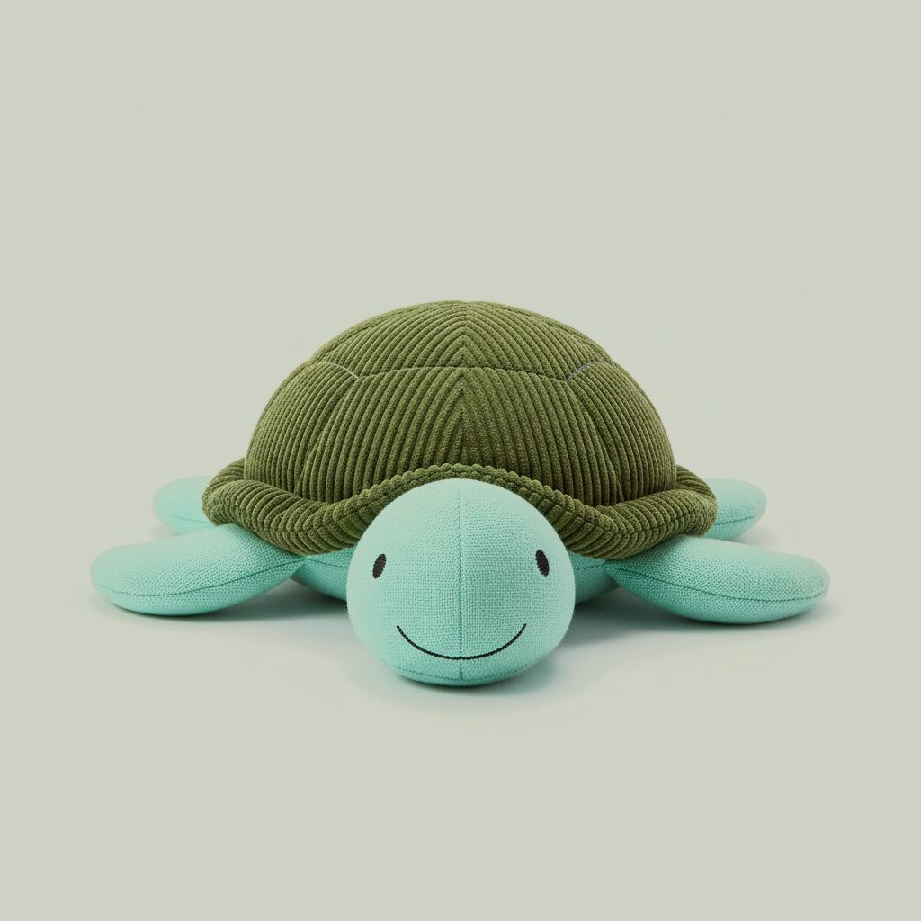 A small green stuffed turtle with a patterned corduroy shell and cotton legs and head.