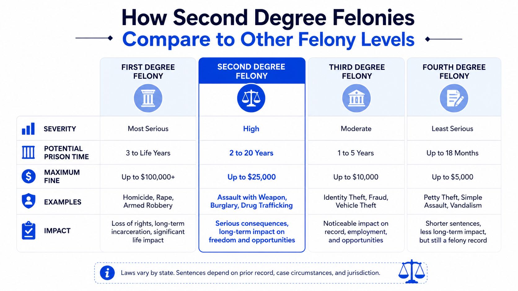 A comparison chart showing how second-degree felonies compare to other felony levels in severity and sentencing.