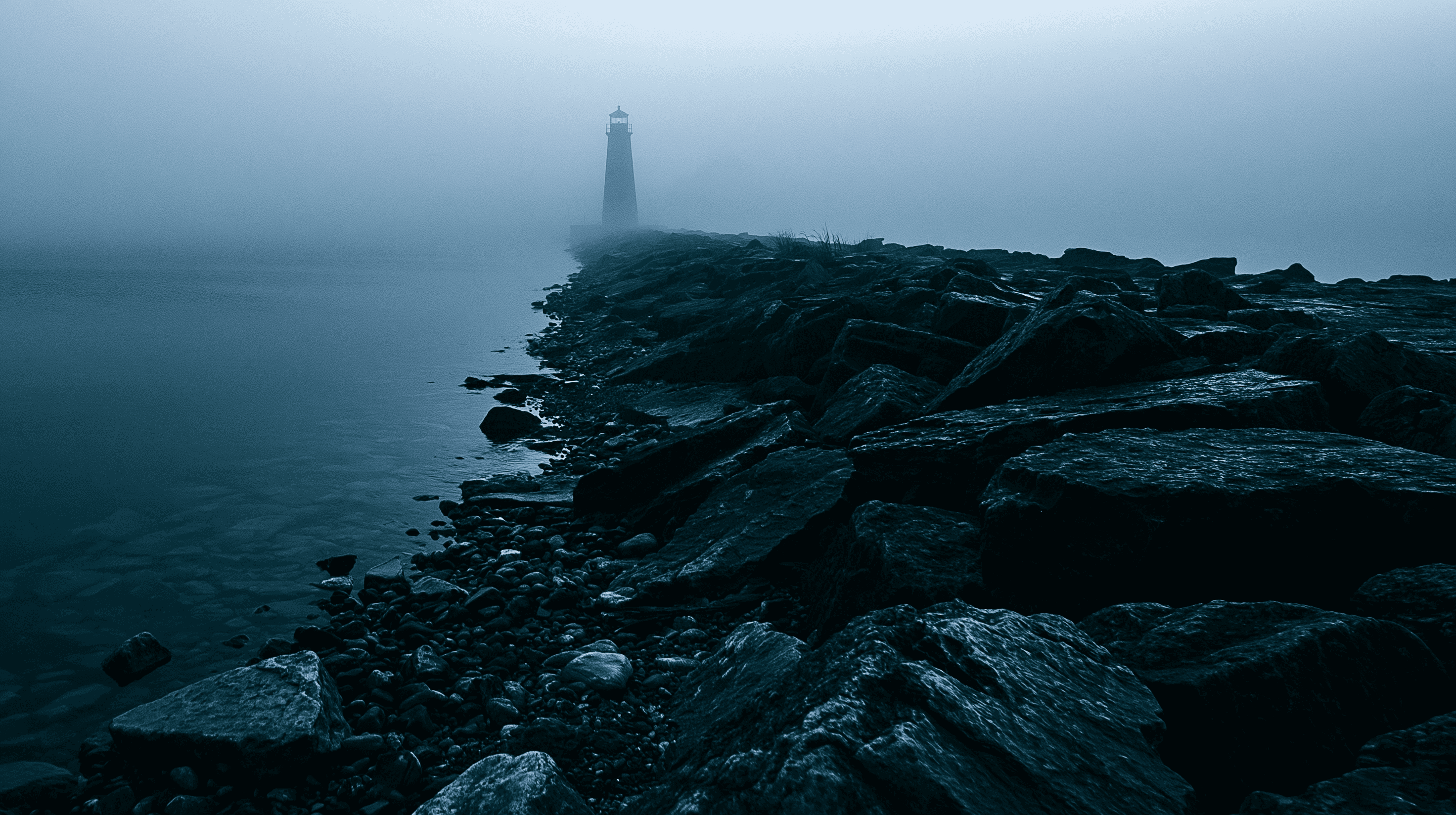 Fog over Lake Huron at dawn with shoreline lighthouse