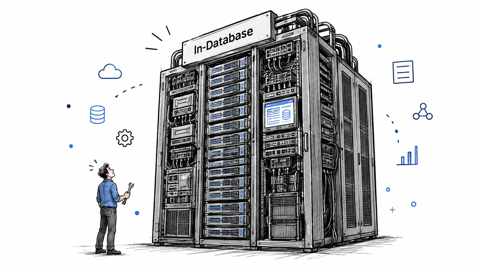 A technician holding a wrench standing before a large, complex server rack labeled In-Database.