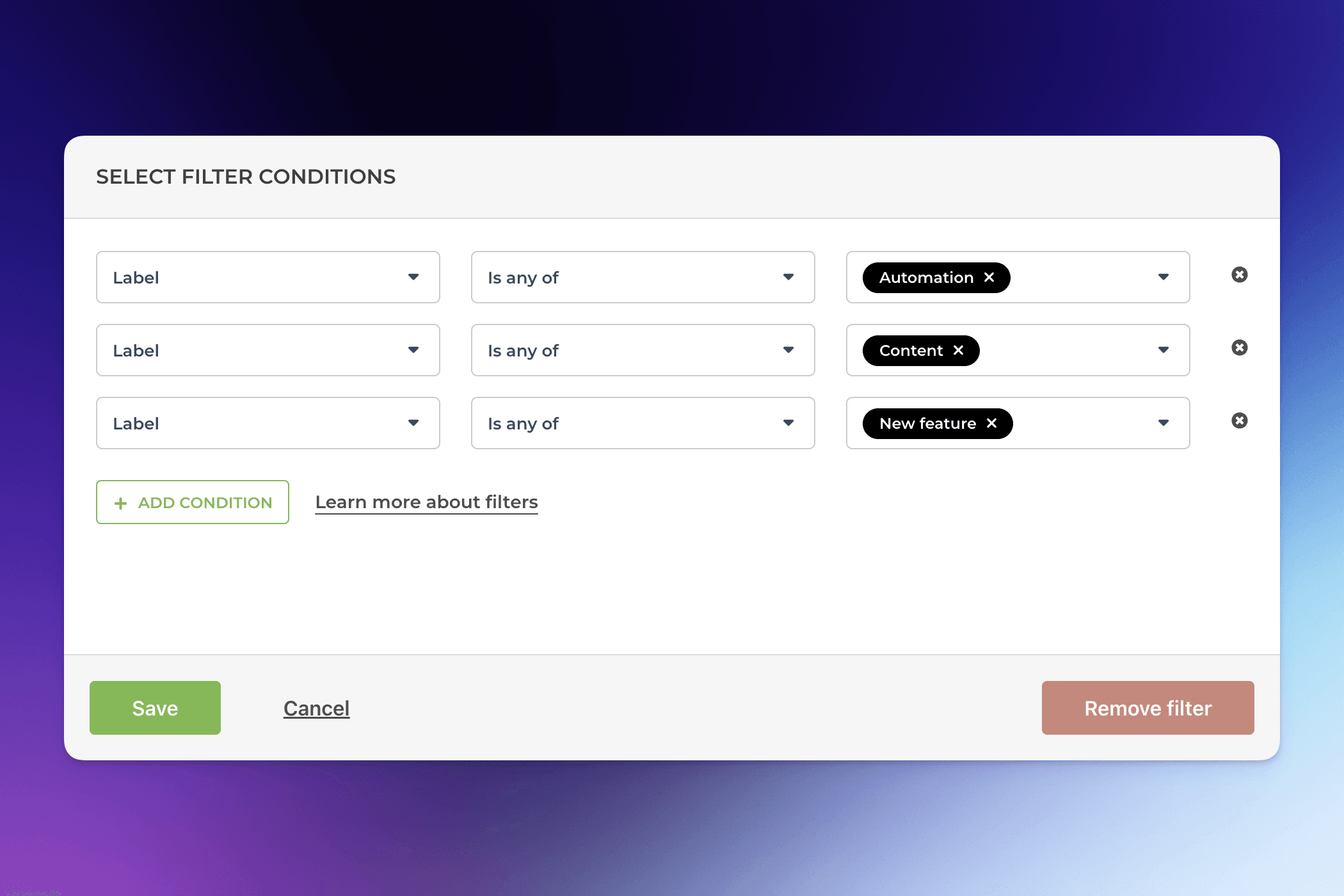 Set any filter conditions as needed, multiple conditions