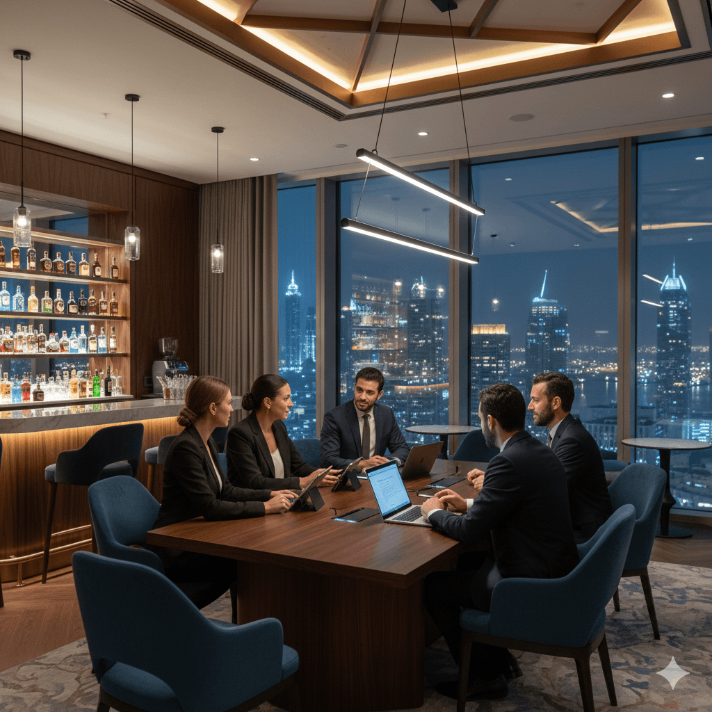Modern high-end business lounge interior with luxury seating for corporate networking