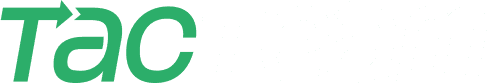 A horizontal wordmark for "TacTeam". The word "Tac" is in a bold green font with arrow-shaped terminals on the "T" and "c," while "Team" is in a clean, italicized white font.