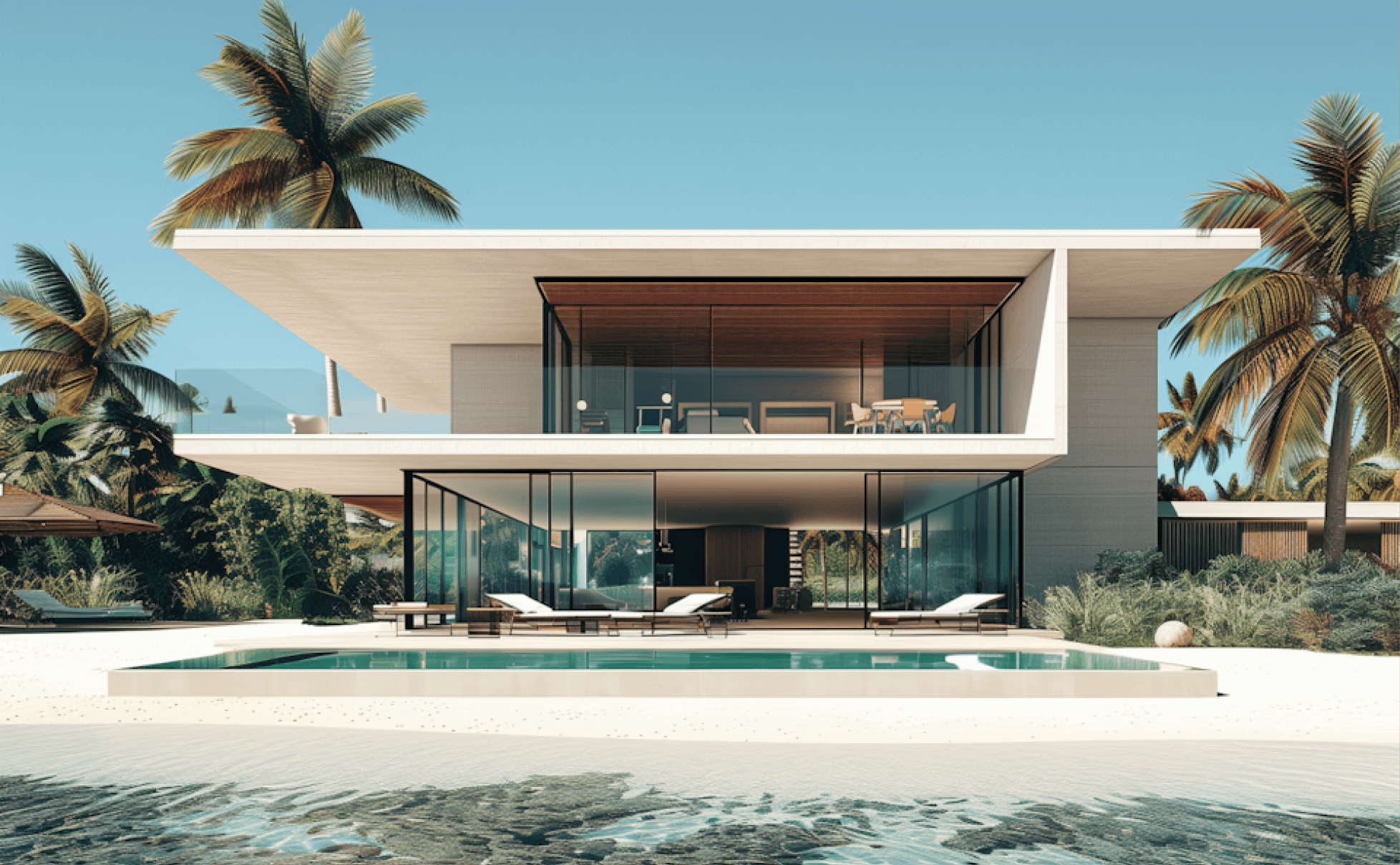 Modern white cantilevered luxury villa with expansive glass walls, overlooking a sandy beach and ocean under a clear blue sky.

