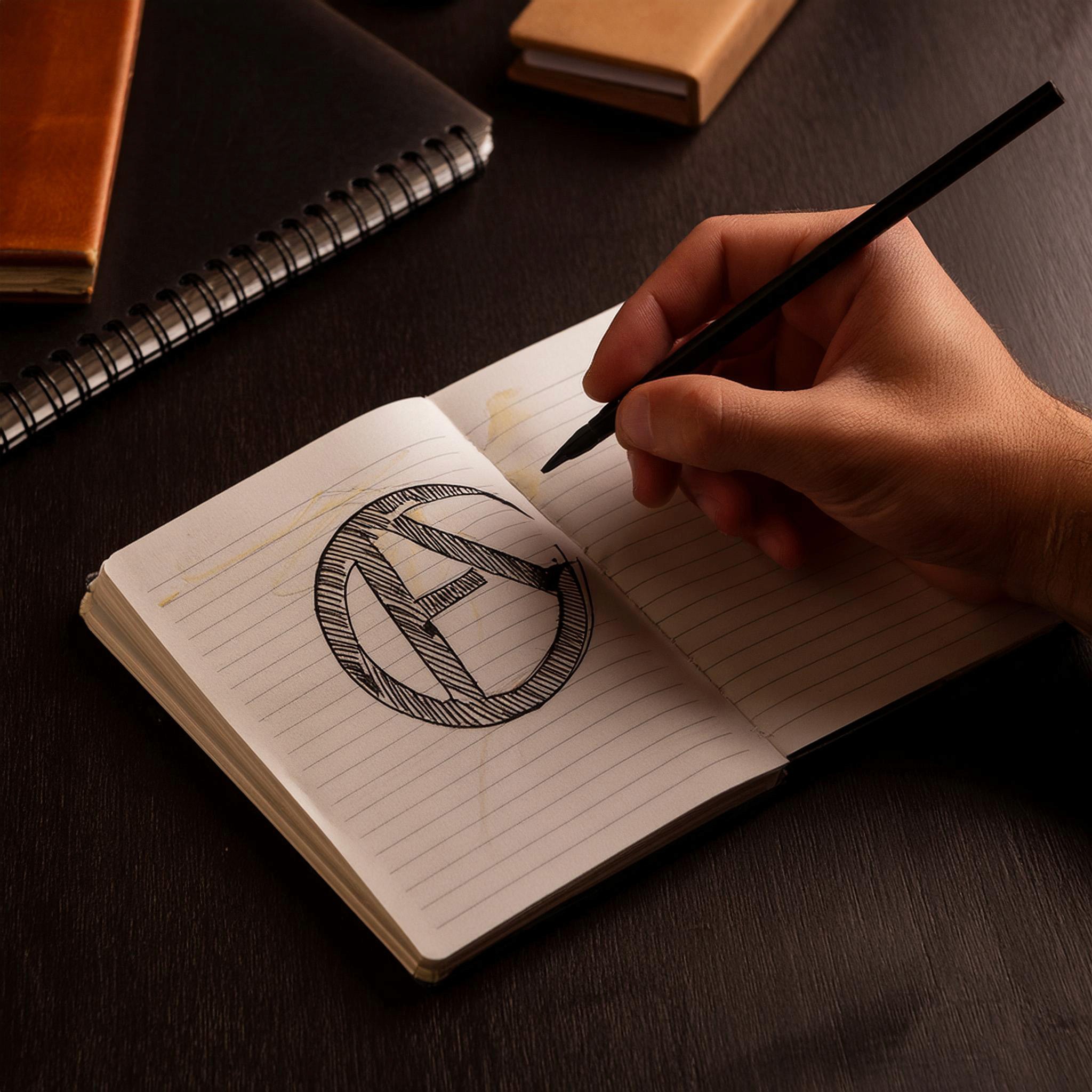 Logo design Team Creative sketch book logo business black pen black table