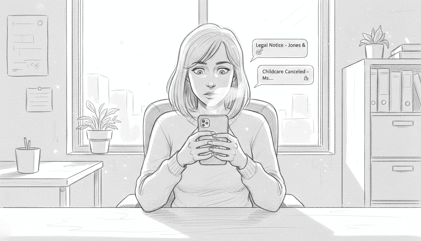 An over-the-shoulder pencil sketch of a woman at a desk, looking at both a laptop and a smartphone. The laptop screen displays a search for "Legal Services Near Me," while the phone shows a detailed list. The setting is a bright office with a window and a bookshelf in the background.