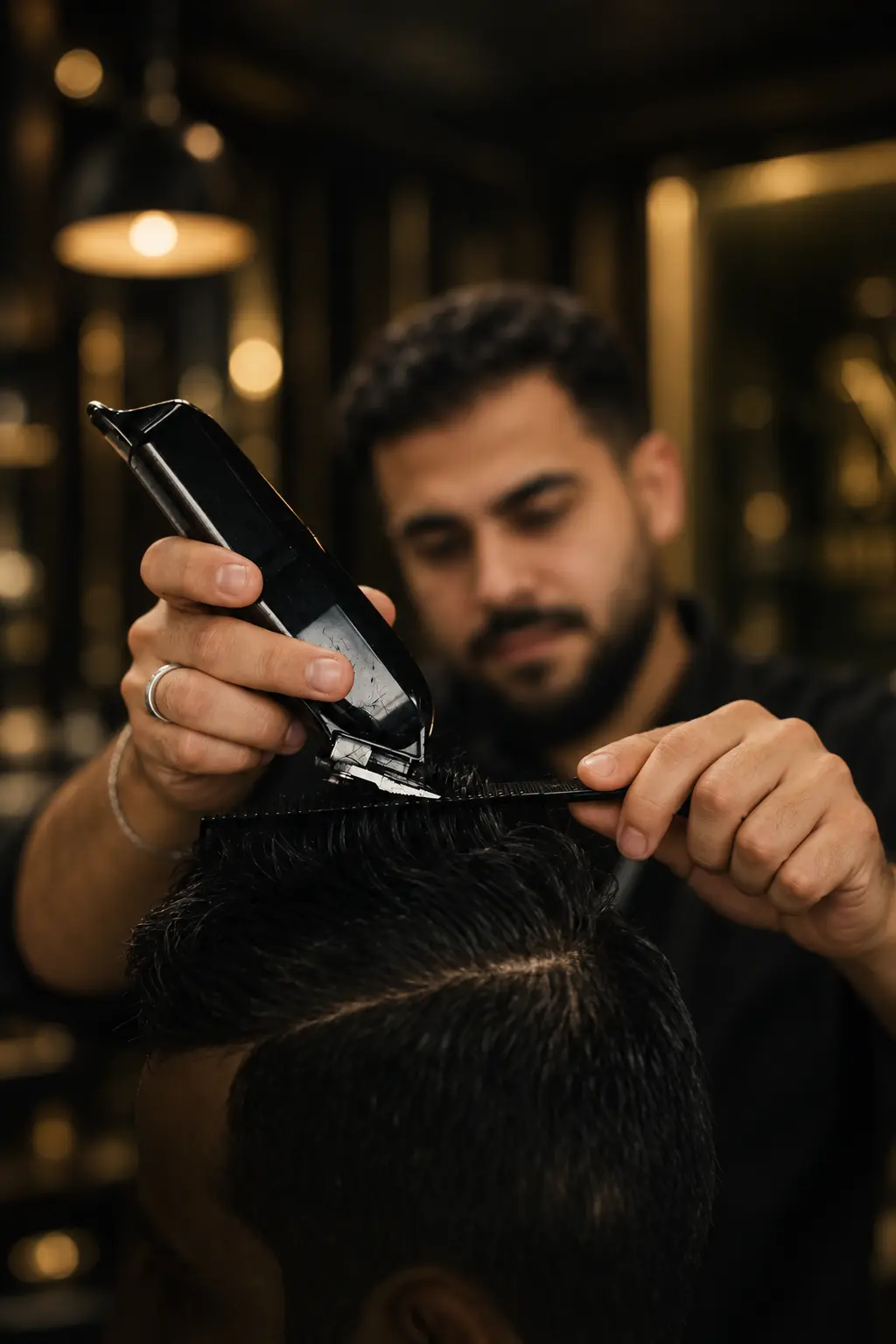 : Mr. Sam softly blurred in the background while performing a precise clipper-over-comb haircut in his warmly lit barbershop.