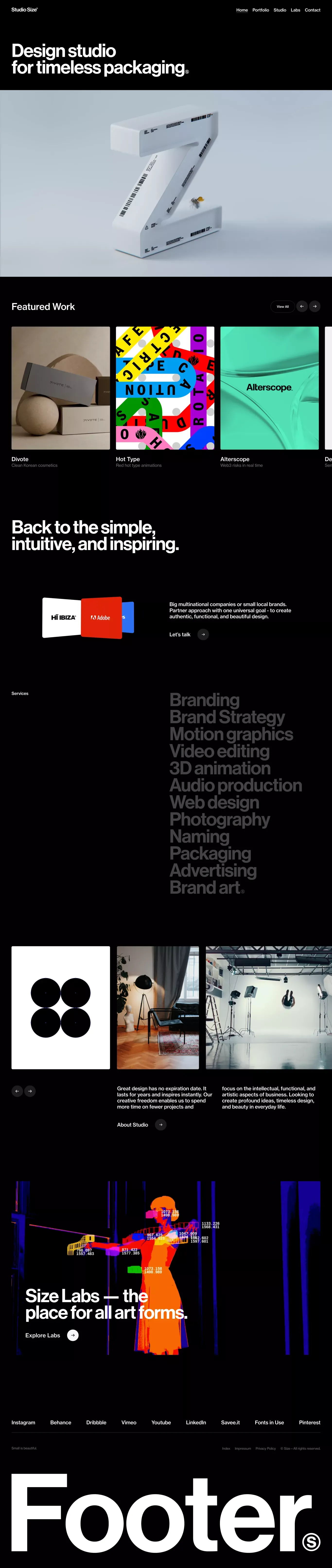 Studio Size - Branding, Packaging & Moti portfolio page screenshot showcasing Photography and Design design