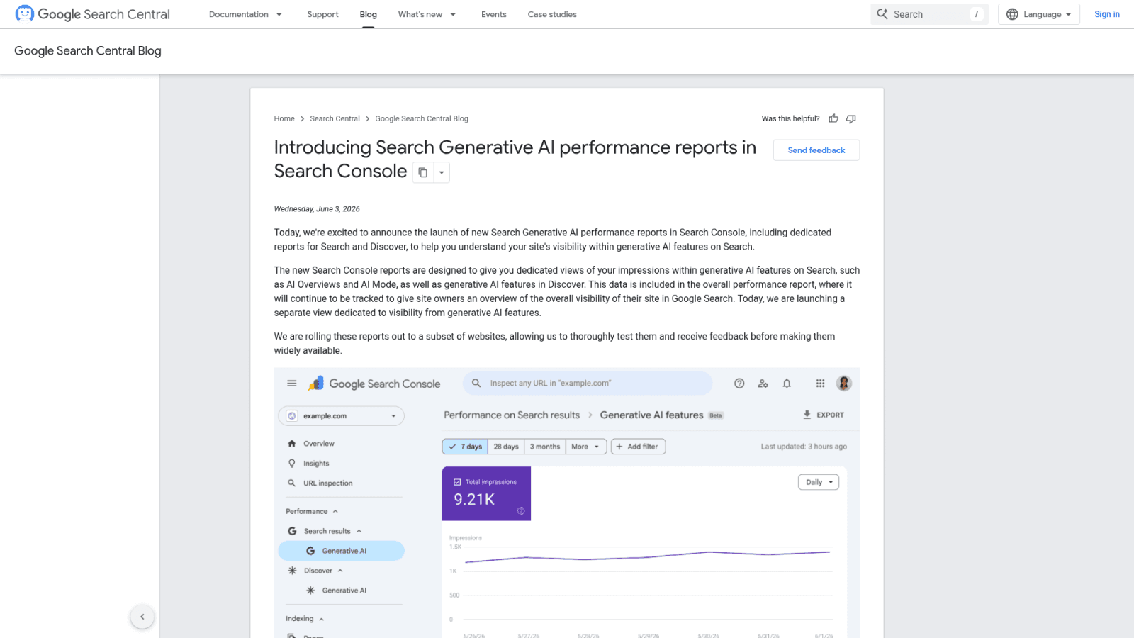 Google Search Console generative AI performance report announcement