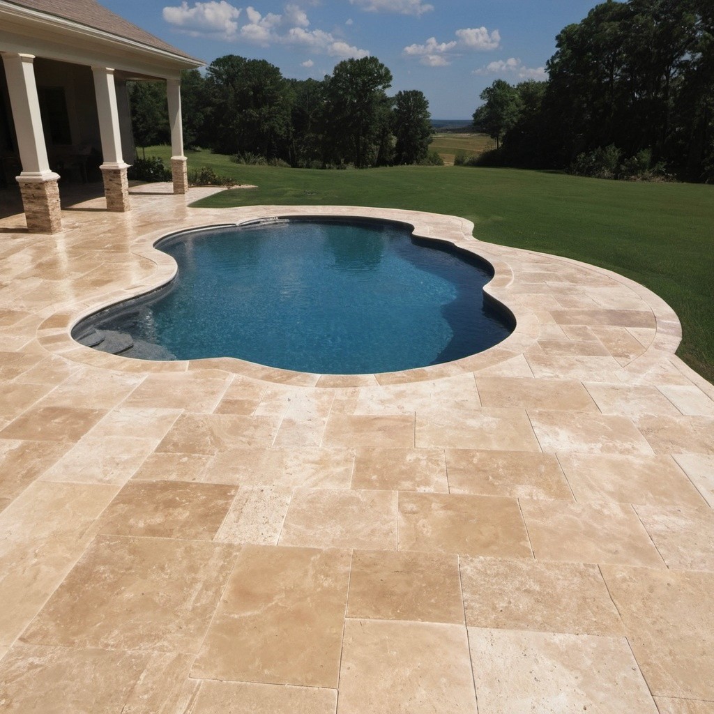 Luxury travertine pool deck with Efflorescence