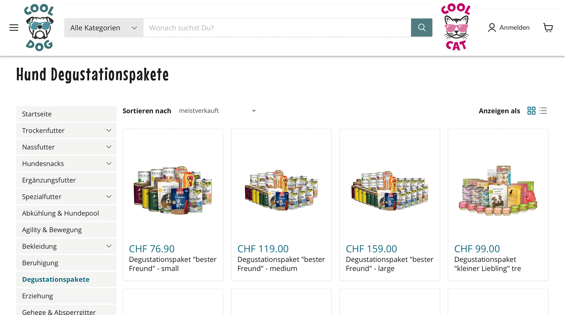Cool Dog e-commerce category page for Hund Degustationspakete, showing a left sidebar navigation with categories like Trockenfutter, Nassfutter, and Hundesnacks, and a product grid with four tasting packages priced between CHF 76.90 and CHF 159.00