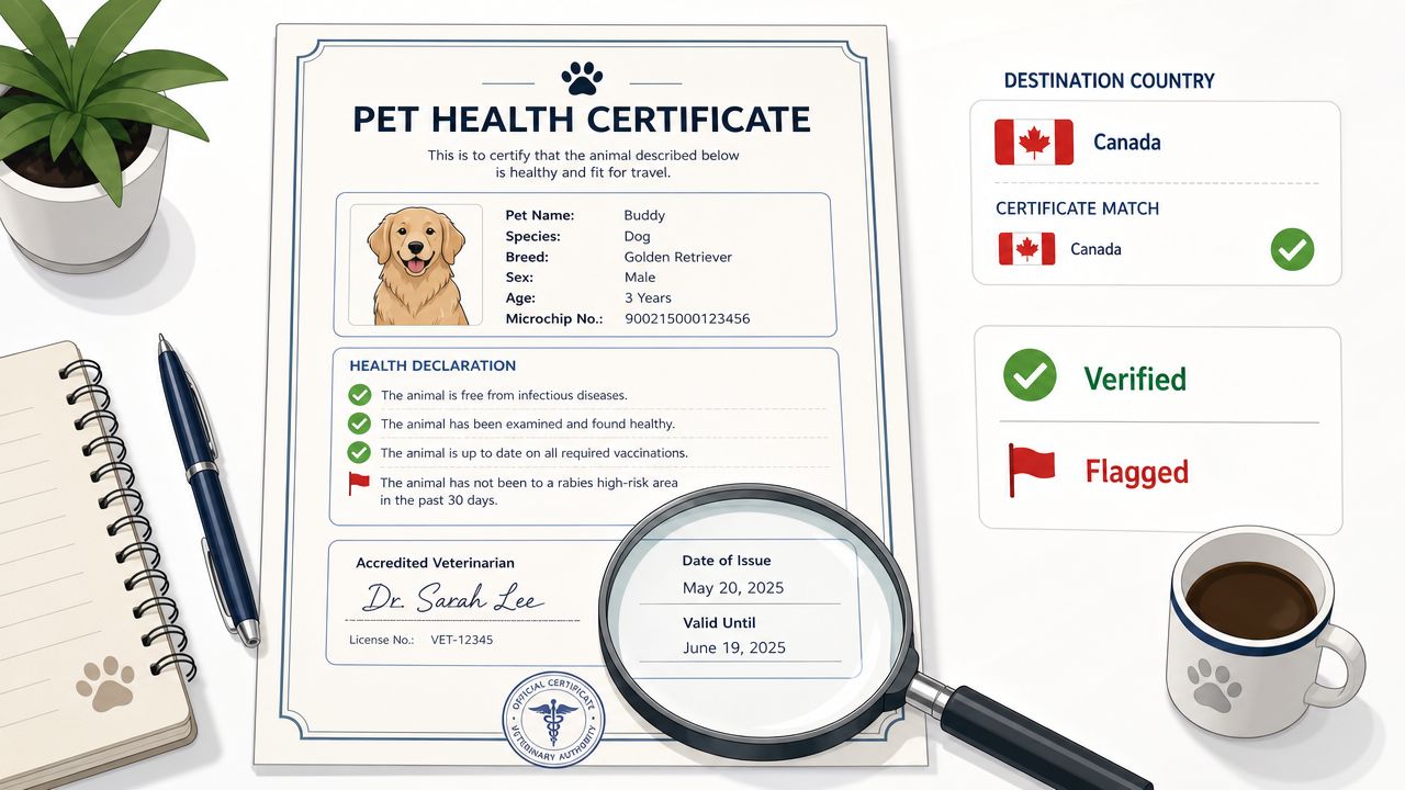 A pet health certificate for a dog named Buddy for travel verification to Canada on a desk.