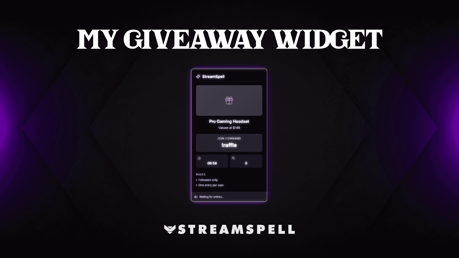 StreamSpell Giveaway Widget for OBS, Streamlabs, and StreamElements, showing a live giveaway overlay with chat commands, countdown timer, and winner reveal.