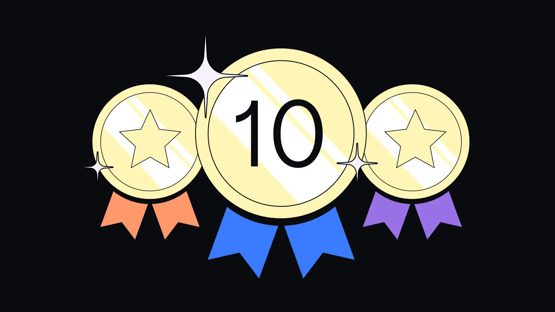 Illustration of three gold medals with stars. Central medal has the number 10 and blue ribbons. Orange and purple ribbons on either side, on a black background.