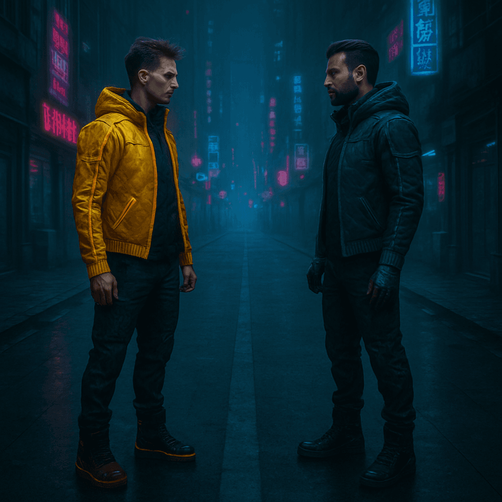 Hailuo 2.3 AI Video Generator Image-to-Video Output generated from a cyberpunk-inspired image of two men in neon-lit streets, tested for atmosphere, cinematic consistency, and stability in one of the best AI video generators.