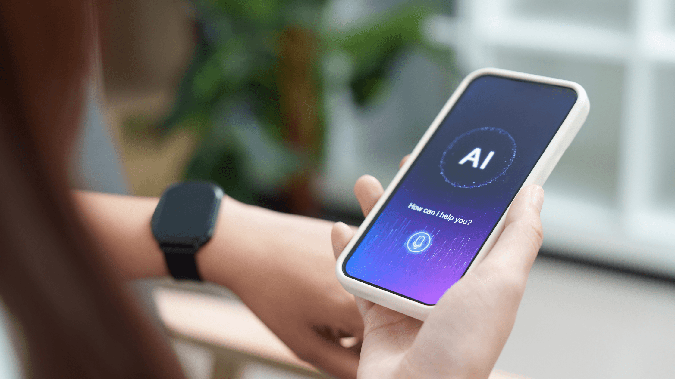 Business owner using a smartphone AI assistant app, illustrating practical AI adoption in everyday business operations.
