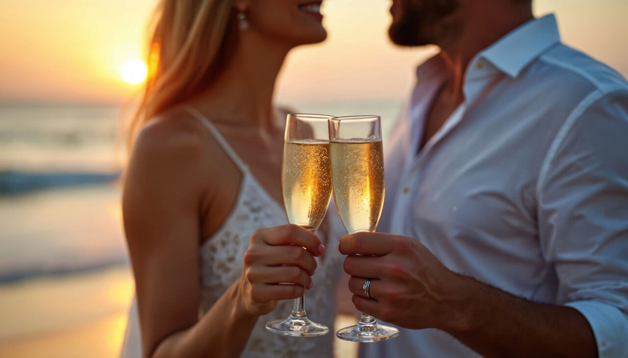 couple toasting champagne at sunset by the ocean during a romantic celebration in Fiji
