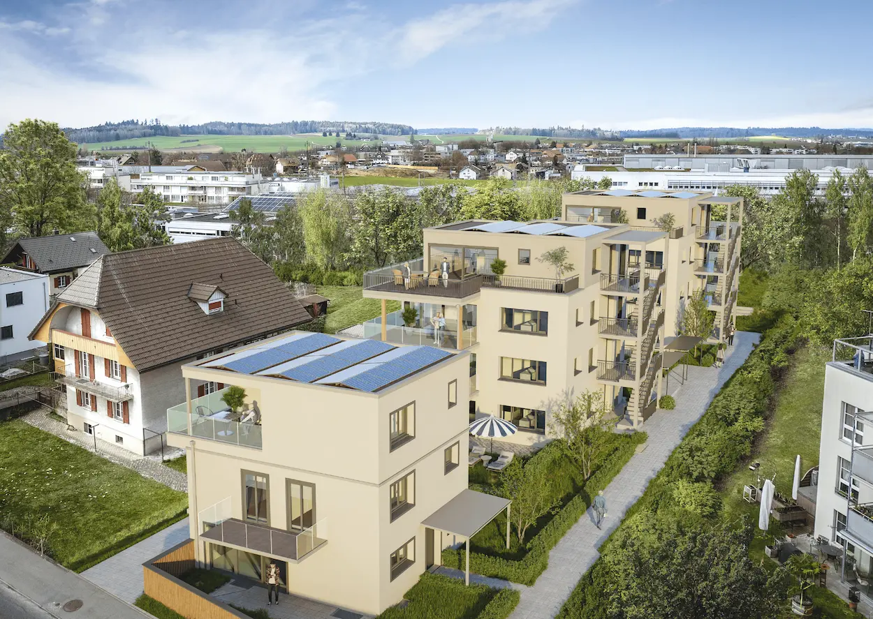 Architekturvisualisierung einer Mehrfamilienhausüberbauung für Neubauprojekte aus erhöhter Perspektive