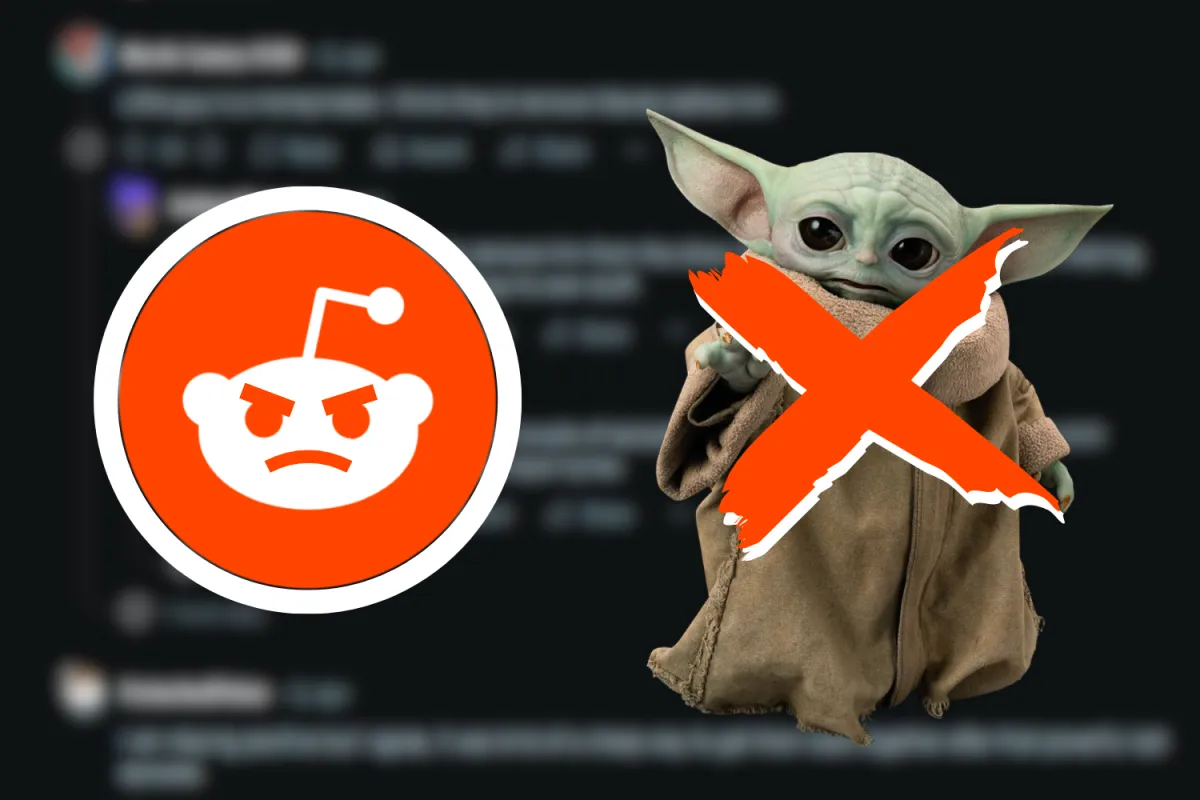 An angry Reddit logo appears on the left, while Grogu is marked with a bold red “X” on the right, symbolizing online backlash. The blurred background shows a Reddit discussion, highlighting the controversy surrounding Grogu’s role in The Mandalorian.