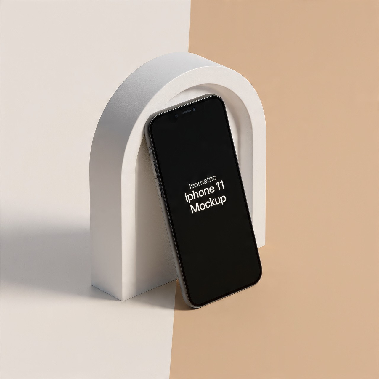 Black iPhone 11 mockup leaning against a white arch on beige.