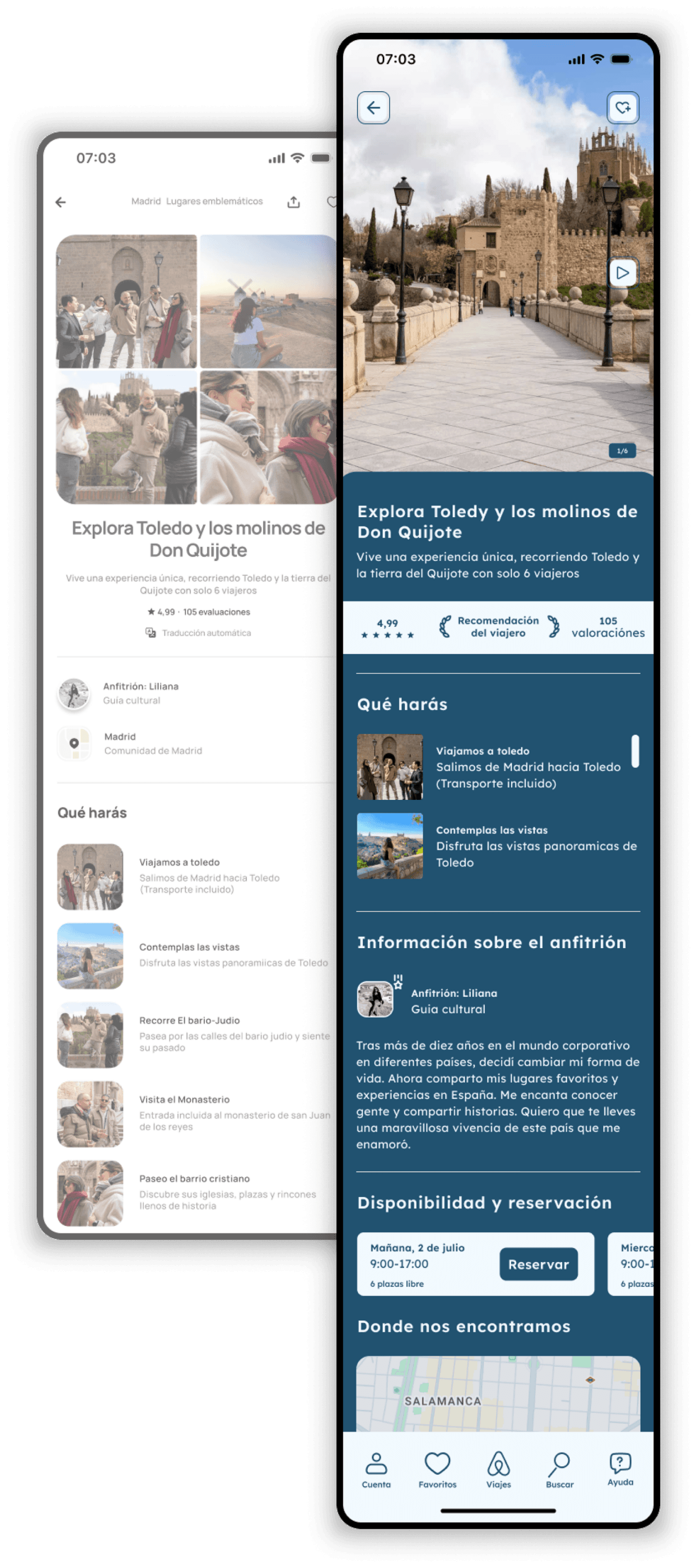 High-fidelity mobile UI mockup of the 'Stays' and 'Experiences' discovery flow. The design features a decluttered layout with aligned grids, allowing the property photography to stand out against a clean white background.