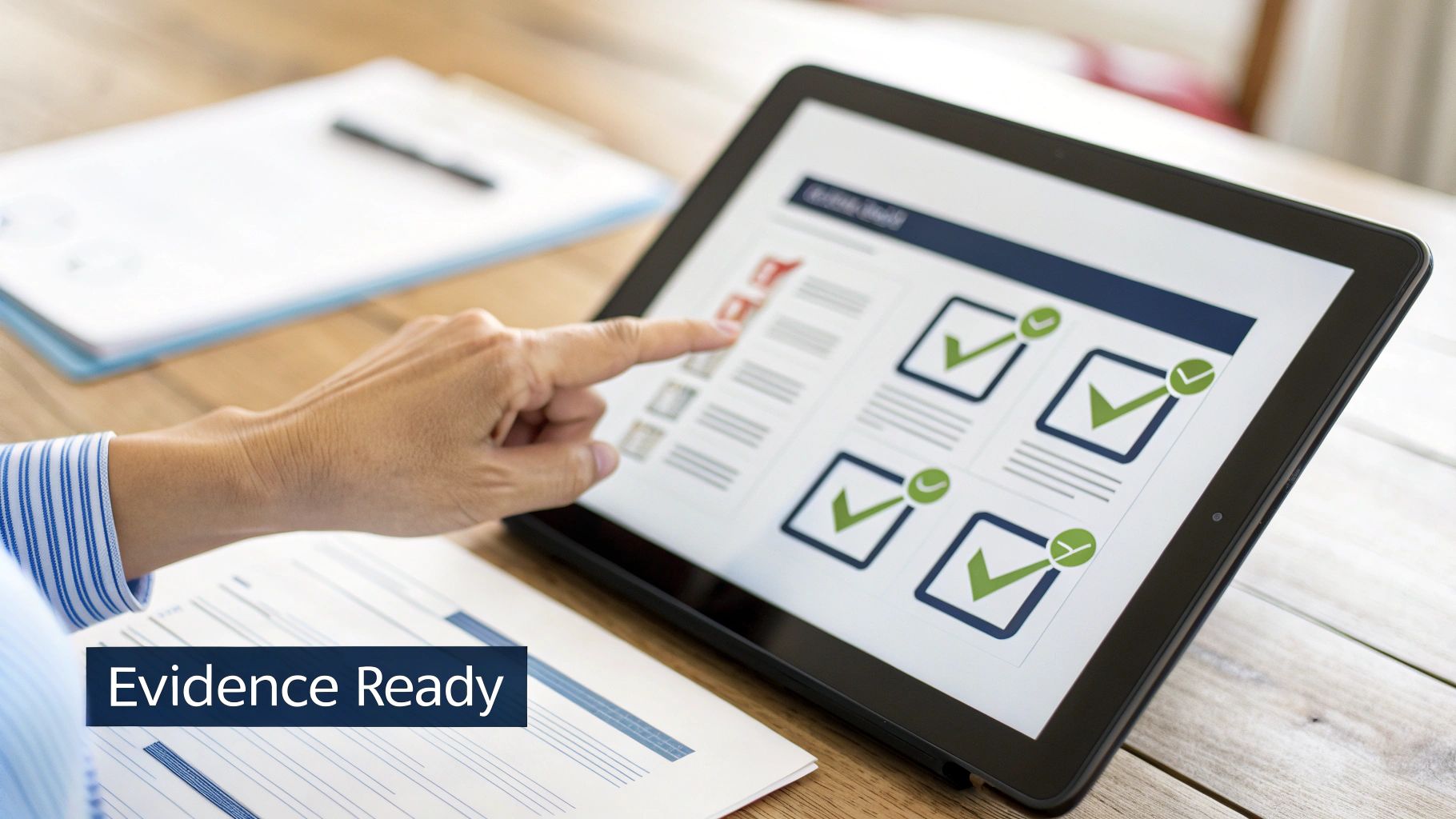 A person's hand taps a tablet displaying a digital checklist with green checkmarks and an 'Evidence Ready' document.