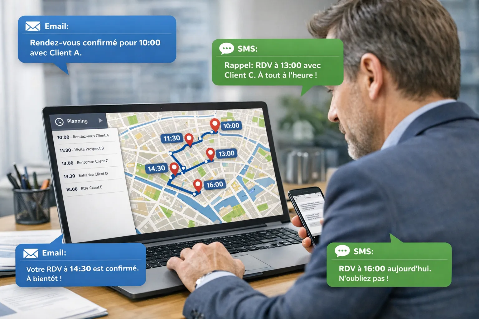 Un responsable commercial consulte un planning intelligent où des créneaux de rendez‑vous sur place s’alignent avec une carte de la ville. Des bulles de messages montrent des confirmations et des rappels envoyés par une IA sur email et SMS.