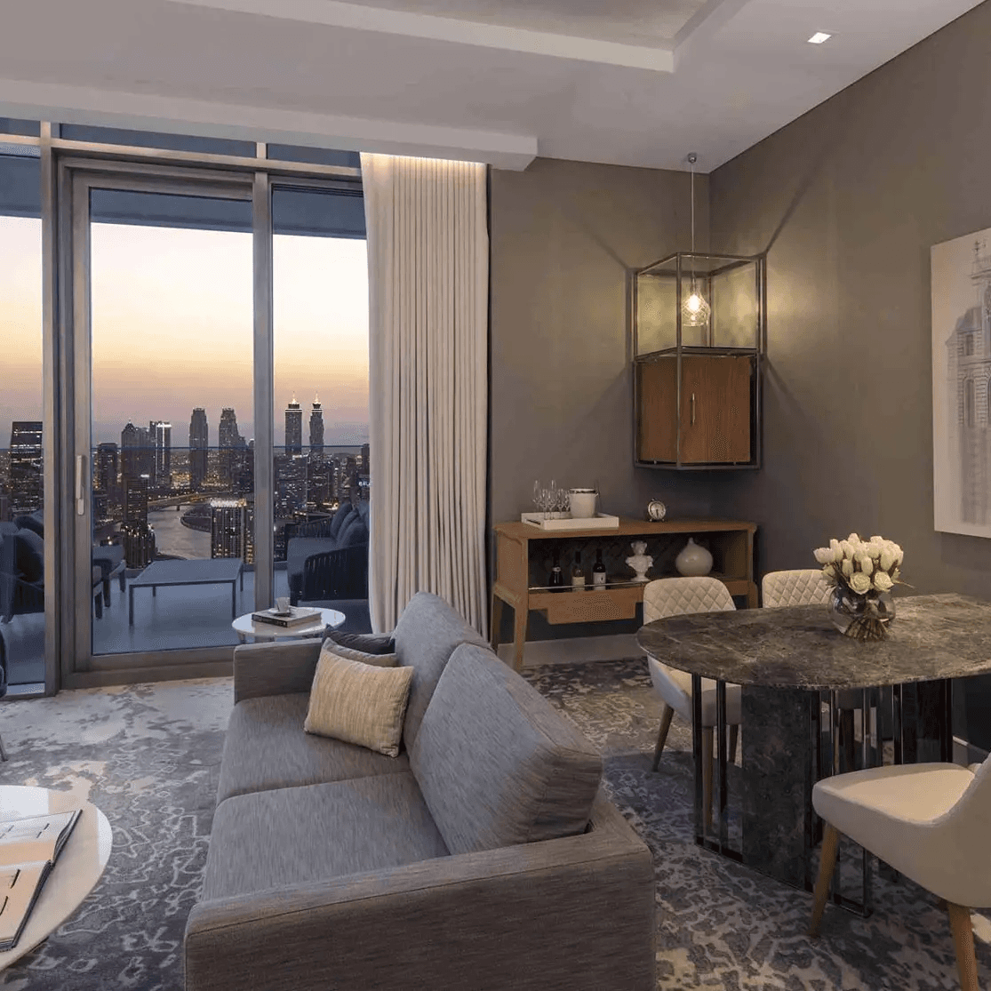 Suite interior at SLS Dubai Hotel and Residences, a sleek pet-friendly hotel with city views and modern furnishings.