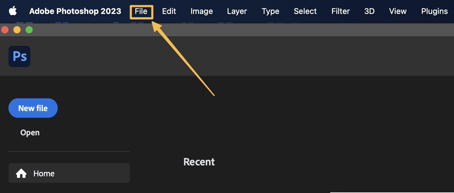 Arrow pointing to "File" in the menu of Photoshop