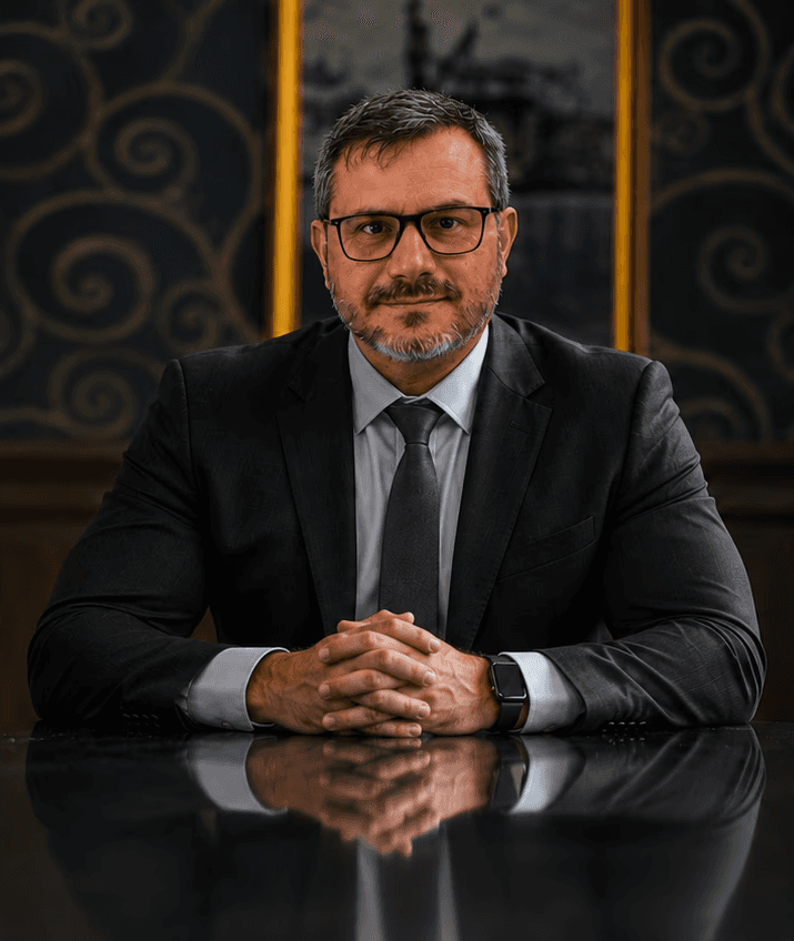 Professional headshot of a man with short brown hair and a light beard. He wears a navy blazer and gray shirt, conveying confidence and approachability.
